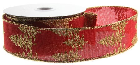 Kerstlint met ijzerdraad rood met gouden kerstbomen 38 mm breed
