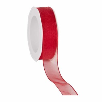 Organza lint rood met ijzerdraad 25 mm breed 