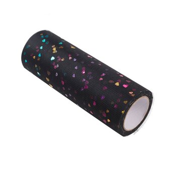 Tule lint 15 cm breed zwart met multicolour hartjes