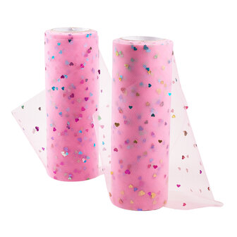 Tule lint 15 cm breed roze met multicolour hartjes