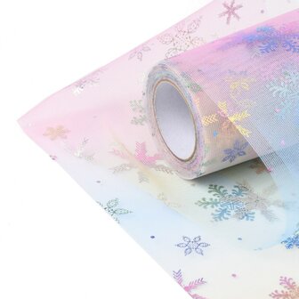 Tule lint 15 cm breed pastel regenboog met multicolour metalic ijskristal