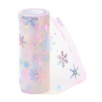 Tule lint 15 cm breed pastel regenboog met multicolour metalic ijskristal