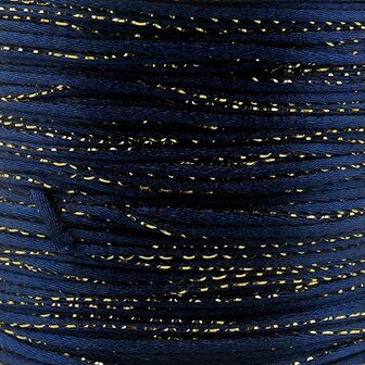2 meter Satijn koord 2 mm donker blauw met goud draad
