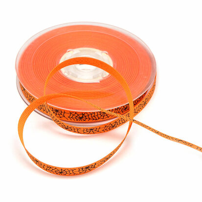 Grosgrain lint 1 cm oranje met zwart spinnenweb 5 meter