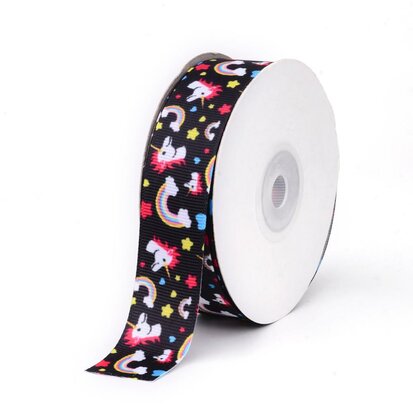 Grosgrain lint 25 mm zwart unicorn regenboog