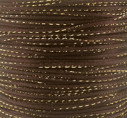 Satijn koord 2 mm bruin met goud draad