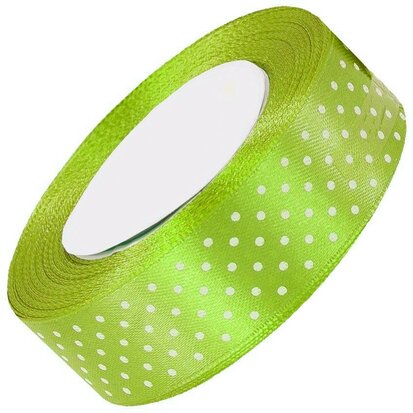 Satijn lint 38 mm lime groen met witte stippen