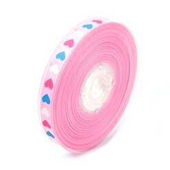 Grosgrain lint 1 cm roze met wit blauw en fuchsia hartjes 5 meter