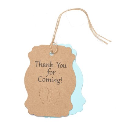 Kraft label thank you for coming blauwe babyvoetjes, dubbel label en hennep touwtje 10 stuks