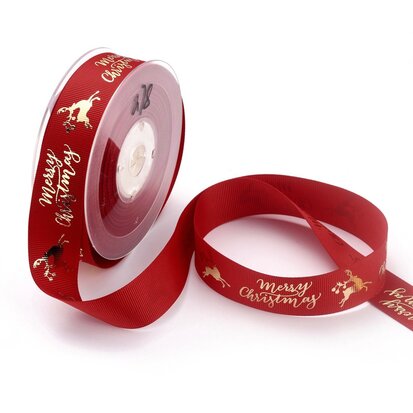 Kerstlint rood goud merry christmas en rendier 25 mm breed