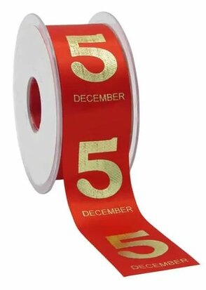 Satijn lint 5 december met goud bedrukking 38 mm breed