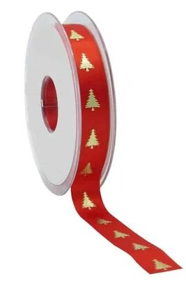 Satijn lint kerstboom rood met goud bedrukking 15 mm breed