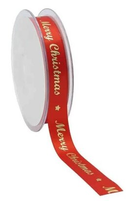 Satijn lint merry christmas rood met goud bedrukking 15 mm breed