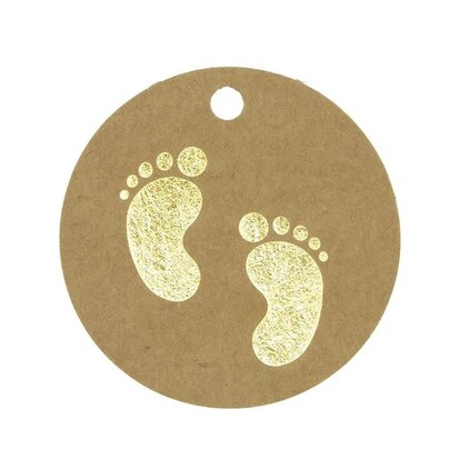 Label kraft rond met gouden babyvoetjes 10 stuks