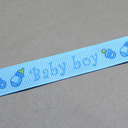 Grosgrain lint licht blauw met print baby boy met speentje en flesje 15 mm