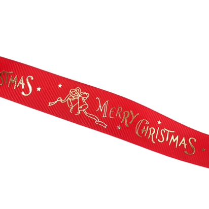 Kerstlint  grosgrain rood merry christmas met kerstbellen 25 mm breed