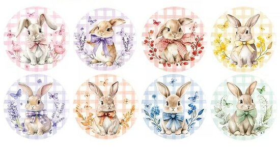 Ronde stickers geruit paashaas mix 10 stuks