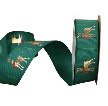 Grosgrain kerstlint groen met goud hert en boom 25 mm (10m)