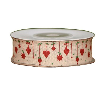 katoen lint kerst, rode kerstornamenten lint, katoenlint 20mm, kerstlint ecru rood, 10 yard kerstlint kopen, goedkooplint.