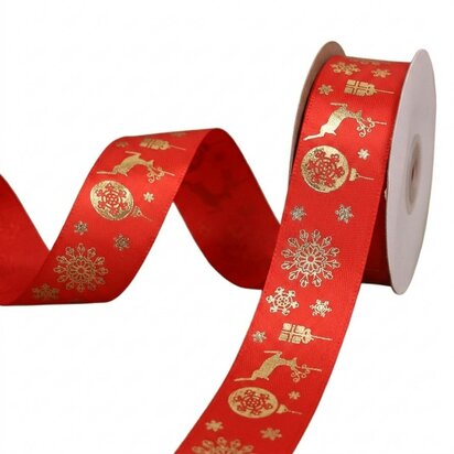 Satijn lint rood met goud kerstballen en ijskristallen print 2,5 cm (10m)