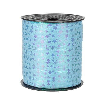 Luxe licht blauw krullint van 1 cm met parelmoer glitter en sterretjes op een bundel van 10 meter