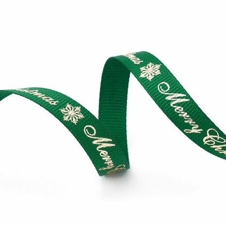 Kerstlint grosgrain groen merry christmas goud 9 mm breed