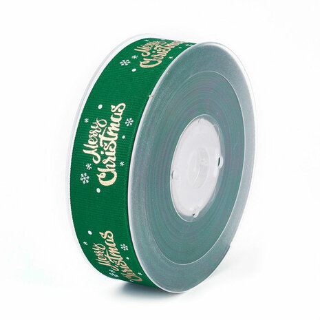 Kerstlint merry christmas en ijskristal groen 25 mm breed 1