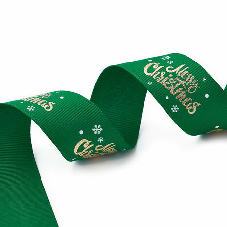 Kerstlint merry christmas en ijskristal groen 25 mm breed 2