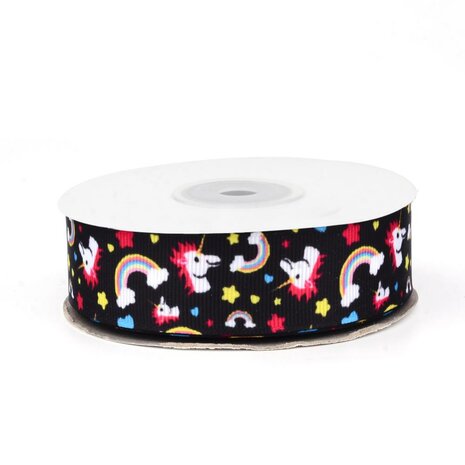 Grosgrain lint 25 mm zwart unicorn regenboog