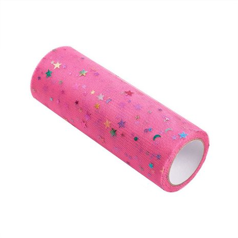 Tule lint 15 cm breed fuchsia met multicolour sterretjes