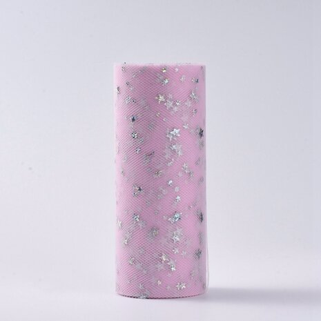 Tule lint 15 cm breed roze met glitter sterretjes