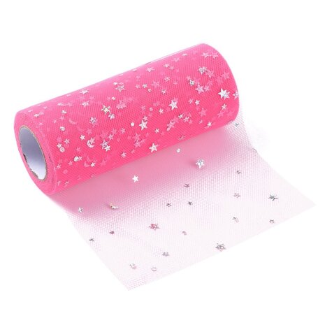 Tule lint 15 cm breed fuchsia met glitter sterretjes