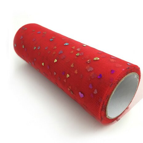 Tule lint 15 cm breed rood met multicolour hartjes