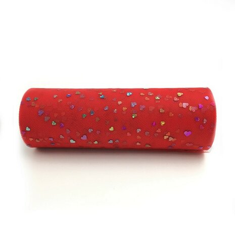 Tule lint 15 cm breed rood met multicolour hartjes