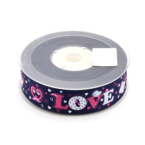 Grosgrain lint donker blauw love en hartjes 25 mm breed