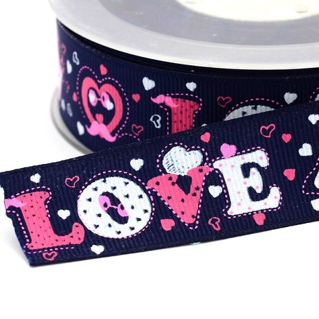 6.25 meter Grosgrain lint donker blauw love en hartjes 25 mm breed