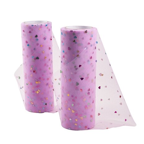 Tule lint 15 cm breed lavendel met multicolour hartjes