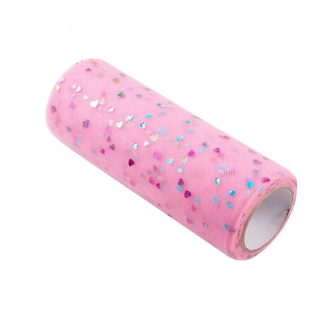 Tule lint 15 cm breed roze met multicolour hartjes