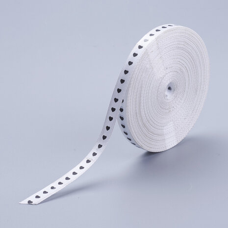 Satijn lint wit met zwart hartjes 1 cm breed 2 meter