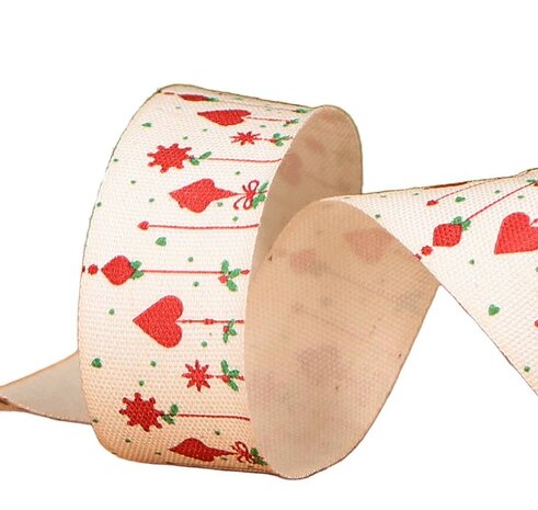 katoen lint kerst, rode kerstornamenten lint, katoenlint 20mm, kerstlint ecru rood, 10 yard kerstlint kopen, goedkooplint.