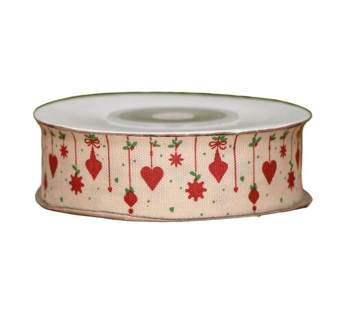 katoen lint kerst, rode kerstornamenten lint, katoenlint 20mm, kerstlint ecru rood, 10 yard kerstlint kopen, goedkooplint.