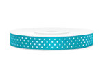 Luxe aqua blauw satijn lint van 12 mm breed met witte stippen op een rol van 22 meter