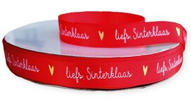 Satijn lint rood met witte tekst liefs Sinterklaas en goud metalic hartjes 12 mm breed 5 meter Satijn lint rood met witte tekst liefs Sinterklaas en goud metalic hartjes 12 mm breed 5 meter