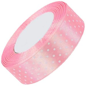 Luxe roze satijn lint van 38 mm breed met witte stippen op een rol van 22 meter