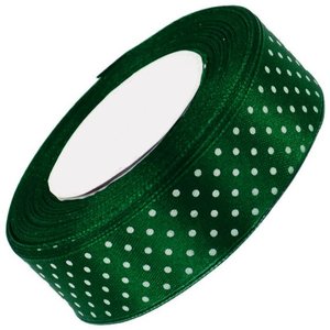 Luxe donker groen satijn lint van 38 mm breed met witte stippen op een rol van 22 meter