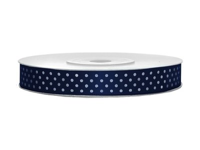 Luxe donker blauw satijn lint van 12 mm breed met witte stippen op een rol van 22 meter