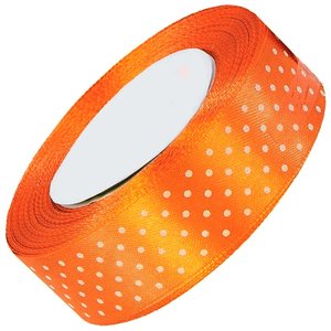 Luxe oranje satijn lint van 38 mm breed met witte stippen op een rol van 22 meter