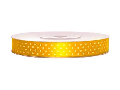 Luxe geel satijn lint van 12 mm breed met witte stippen op een rol van 22 meter