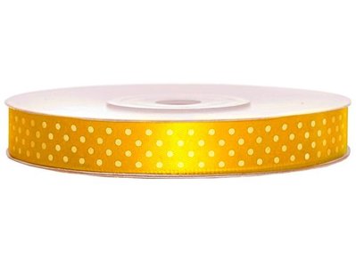 Luxe geel satijn lint van 25 mm breed met witte stippen op een rol van 22 meter