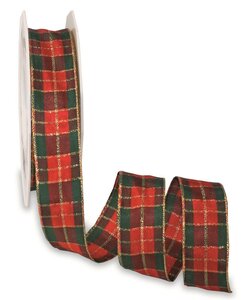 Schotse ruit lint rood donker groen goud 2.5 cm breed met ijzerdraad 25 meter